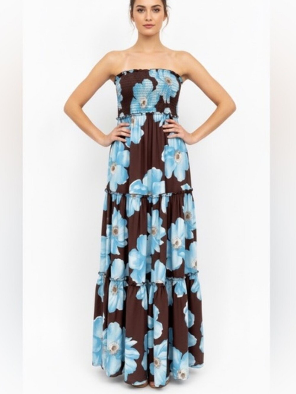 ATL Abel The Label Brown Blue Floral Smocked Strapless Maxi Dress Size Large NWT